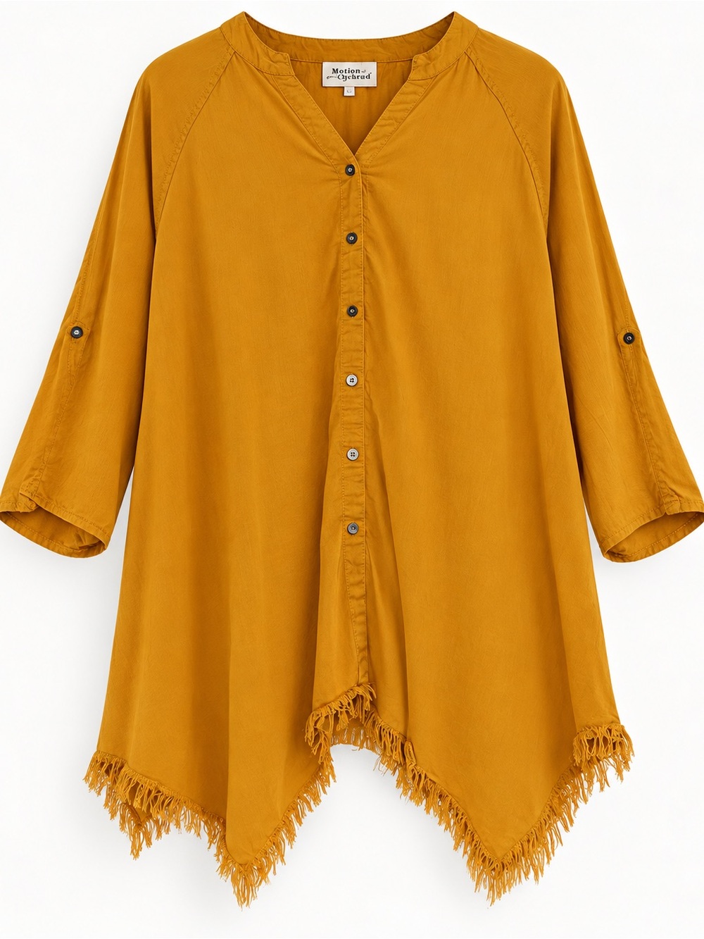 Relaxed Button-Front Frayed-Hem Tunic - Mustard - Picture 2 of 8